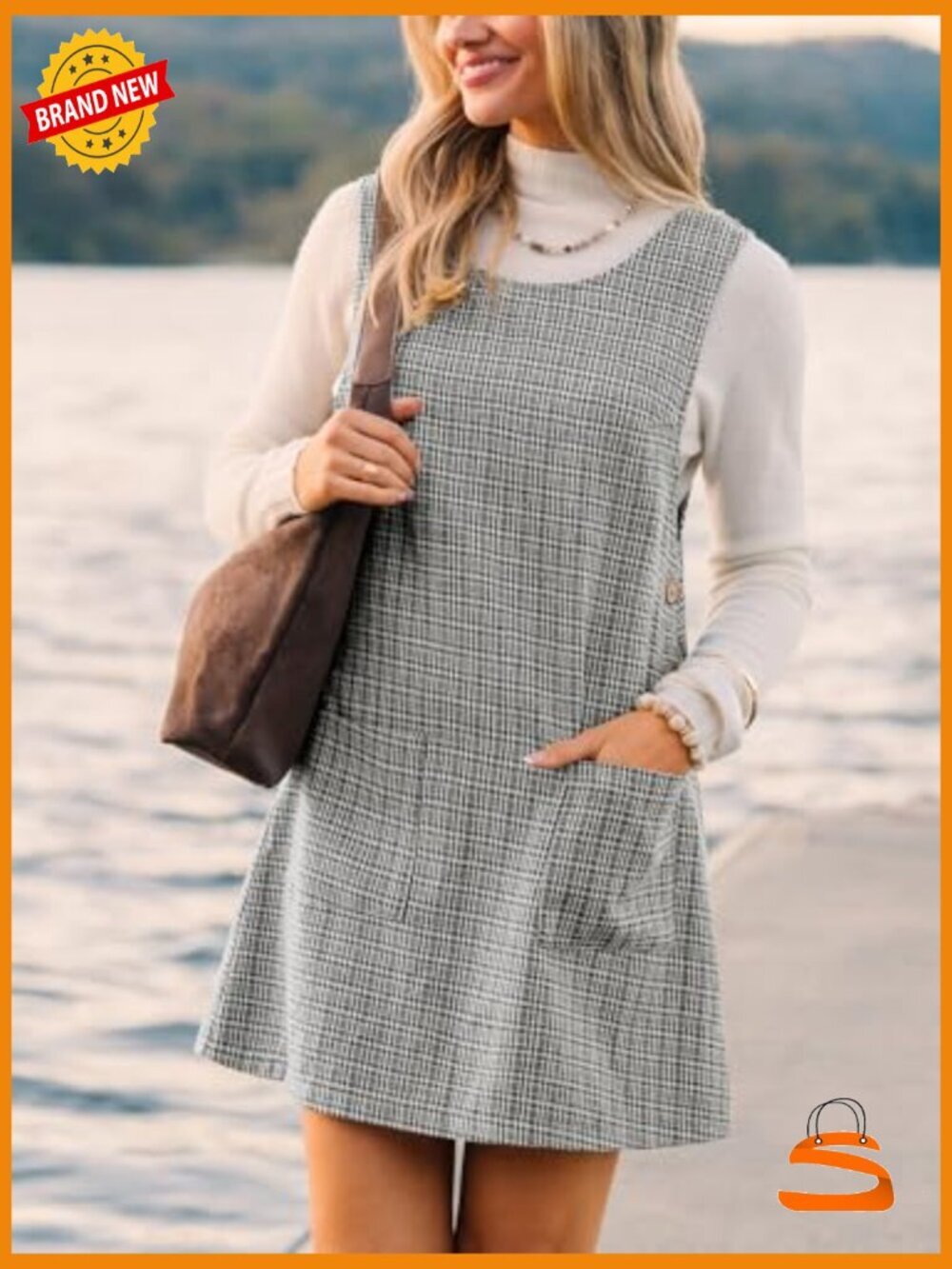 Houndstooth Pinafore Mini Dress Sleeveless Pockets Casual Overall - Picture 5 of 5